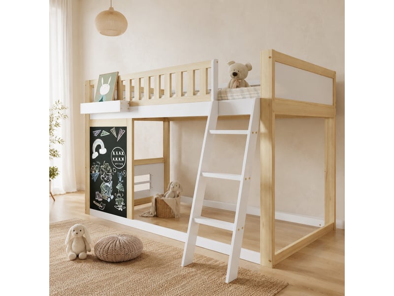  Lit mezzanine enfant 90 x 200 cm blanc et naturel avec tableau et rangement  - Conforama D