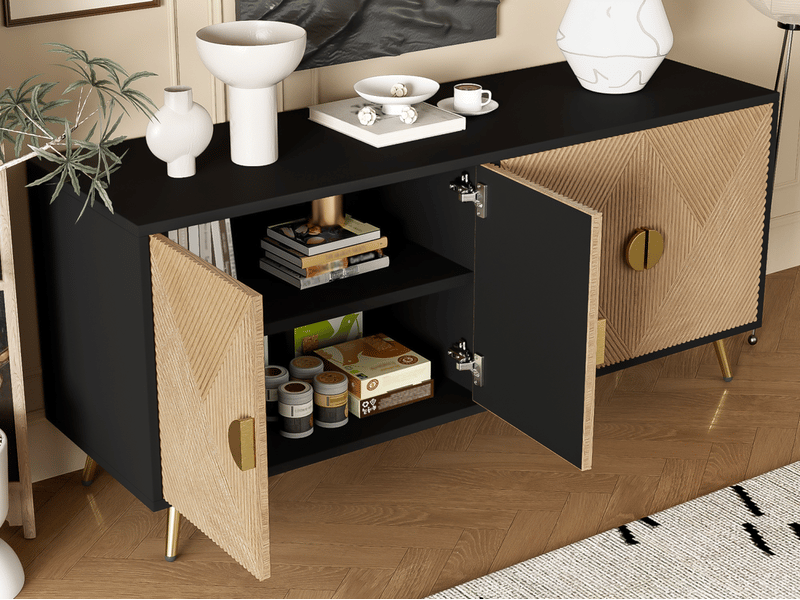  Buffet cuisine, avec quatre portes, 160 x 40 x 75 cm, dorées brossées et pieds brillants, armoire, meuble de rangement pour salon, salle à manger et cuisine  - Conforama B