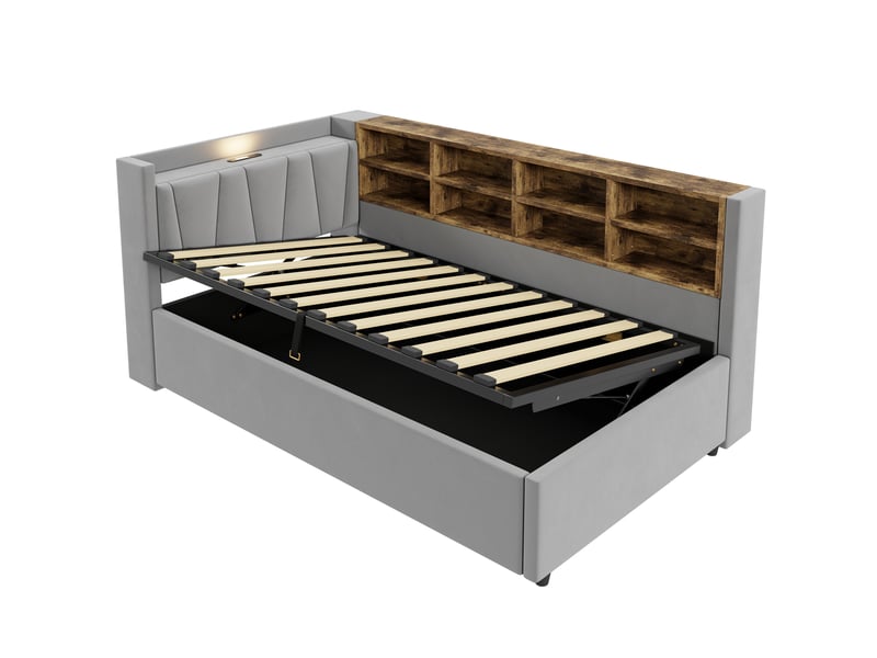  Canapé-lit 90x200 cm avec rangement – ​​avec éclairage – avec ports de charge usb et type-c – avec compartiments de rangement – ​​gris clair (matelas non inclus)  - Conforama W