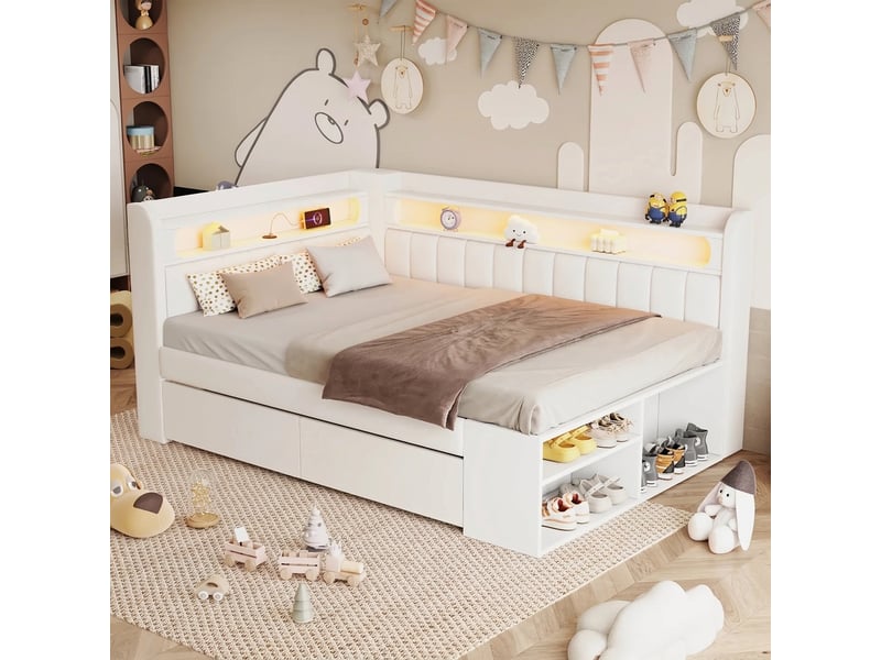  Canapé-lit capitonné 90x200 avec port usb et tiroirs de rangement, meuble à chaussures, blanc  - Conforama D