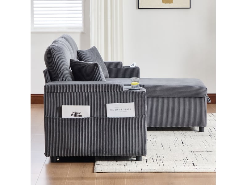  Canapé 3 places 212,5x136x86cm, porte-verres et ports usb-c, avec espace de rangement, confortable et tendre, velours côtelé gris carbone  - Conforama D
