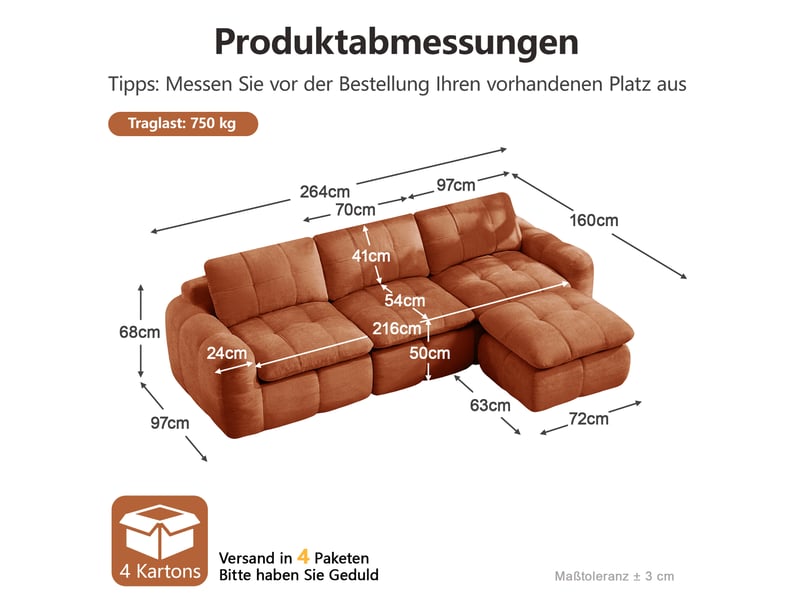  Canapé modulable 3 places en l modenvie avec ottoman, revêtement chenille, mousse haute densité 32d, orange, 264 x 160 x 68 cm  - Conforama C