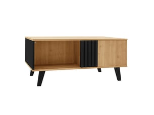 Table basse avec 1 tiroir et 3 compartiments, en verre et panneau de particules, noir et bois naturel - uvrion