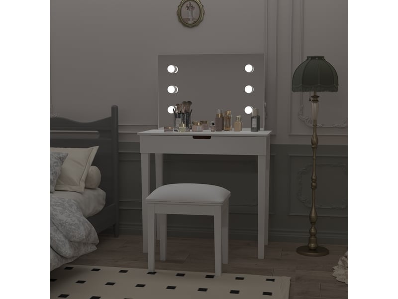  Coiffeuse avec miroir et 6 lampes à del réglables - lpospi - 2 tiroirs, prises usb et type c, mdf blanc  - Conforama B