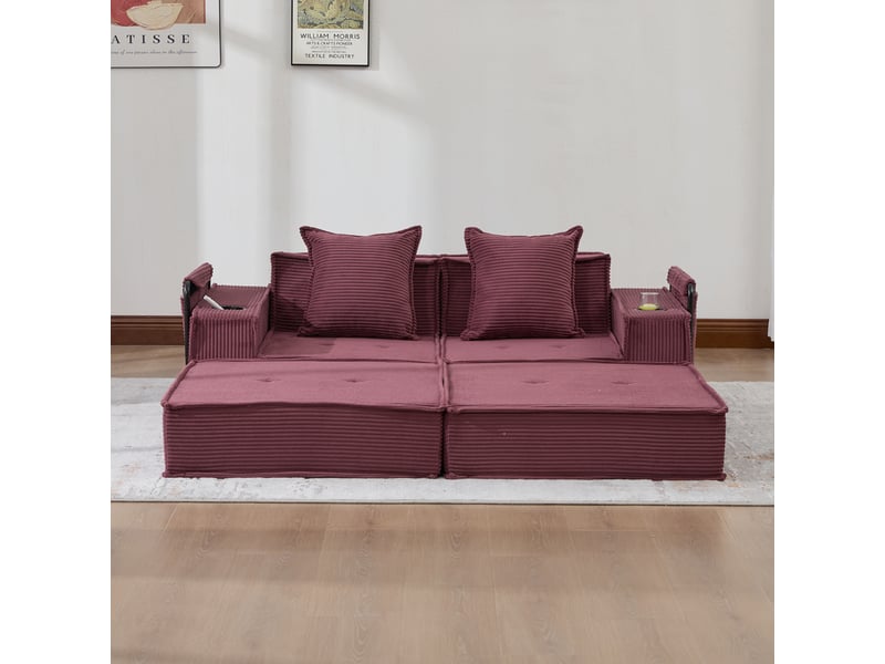  Canapé deux places en velours côtelé rouge bordeaux avec rangement latéral, coussins et assise modulable pour salon et coin lecture  - Conforama R