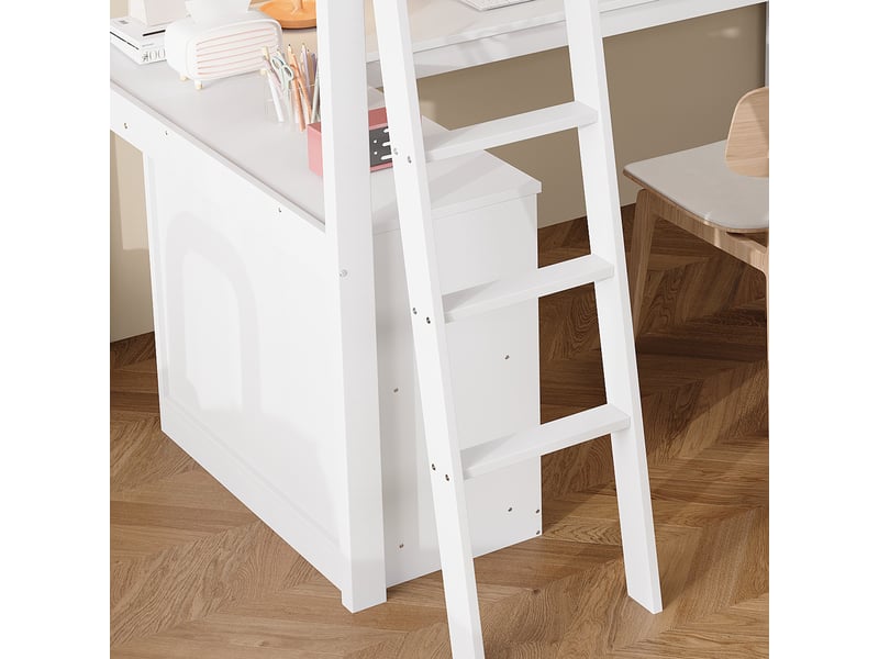 Lit mezzanine 90x200 avec rangement et échelle stable, blanc  - Conforama D