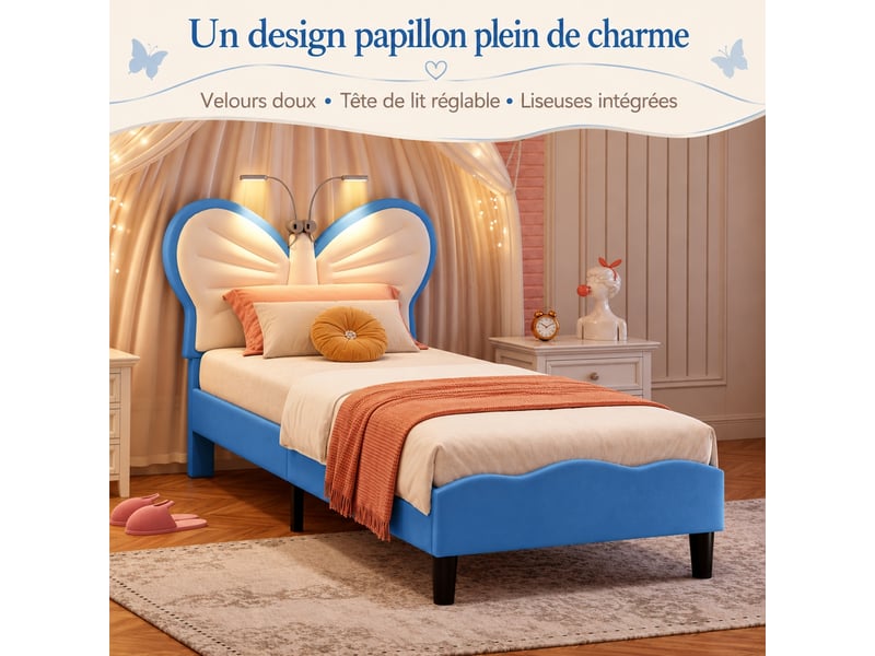  Lit enfant fille 90x200 cm en velours, tête de lit réglable en hauteur avec liseuses intégrées, lit princesse pour fille avec sommier à lattes, lit simple rembourré 90x200, bleu  - Conforama E