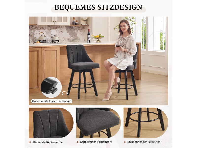  Lot de 2 tabourets de bar pivotants 53x53.5x94.5cm - avec dossier et repose-pédales en métal - tissu chenille - anthracite  - Conforama E