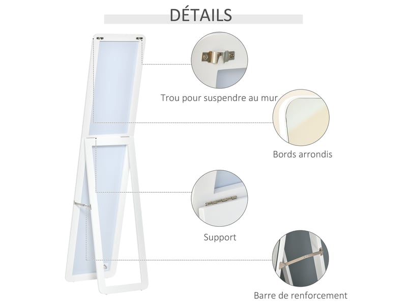  Miroir sur pied et mural rectangulaire dim. 37l x 43l x 156h cm blanc bois aspect  - Conforama R