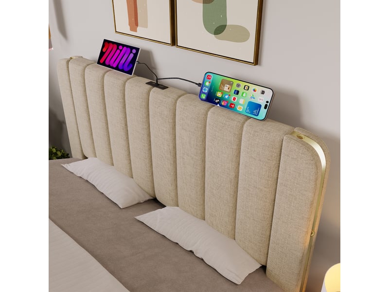  Lit coffre,160x200 cm,usb-c et 4 tiroirs,lin,beige  - Conforama E