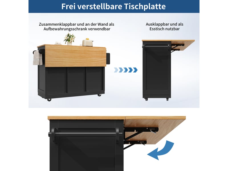 Desserte cuisine, îlot central sur roulettes avec plan de travail, plateau extensible, 1 tiroir, 2 portes, dimensions 140 x 40 x 93,5 cm, mdf, noir - Conforama E
