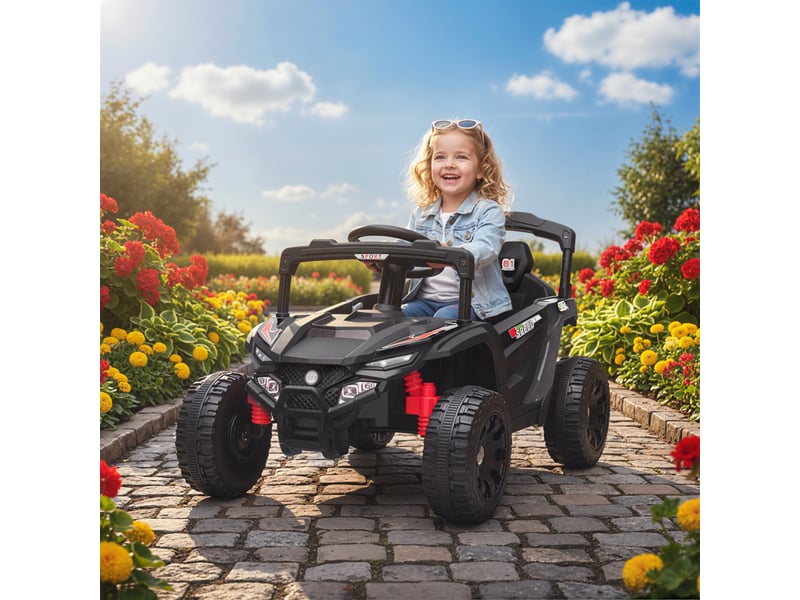  Voiture électrique 12 v pour enfants avec 2 moteurs, télécommande 2,4 ghz, suspension arrière, phares et musique - noire  - Conforama C