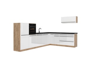 Vicco cuisine en angle, blanc haute brillancechêne doré, 327 x cm plan de travail anthracite