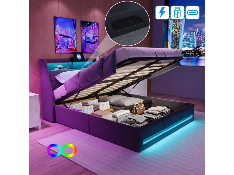  Lit 160x200 avec sommier ,lit coffre 160 x 200 avec led et usb ,lit double avec sommier à lattes, tissu lin,gris  - Conforama R