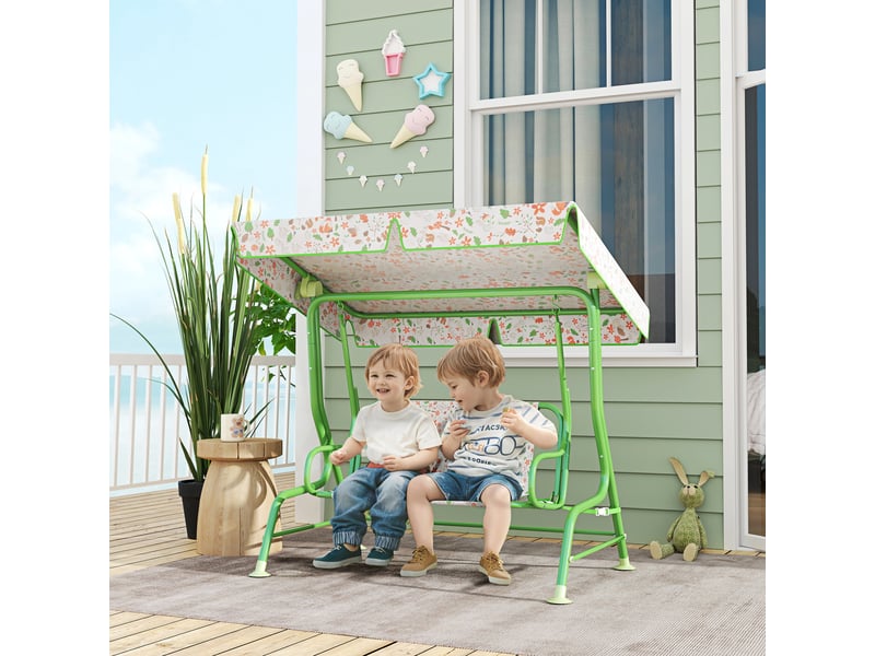 Balançoire d'extérieur 2 places pour enfants avec auvent réglable et ceintures de sécurité, 112 x 75 x 120 cm, verte - Conforama B