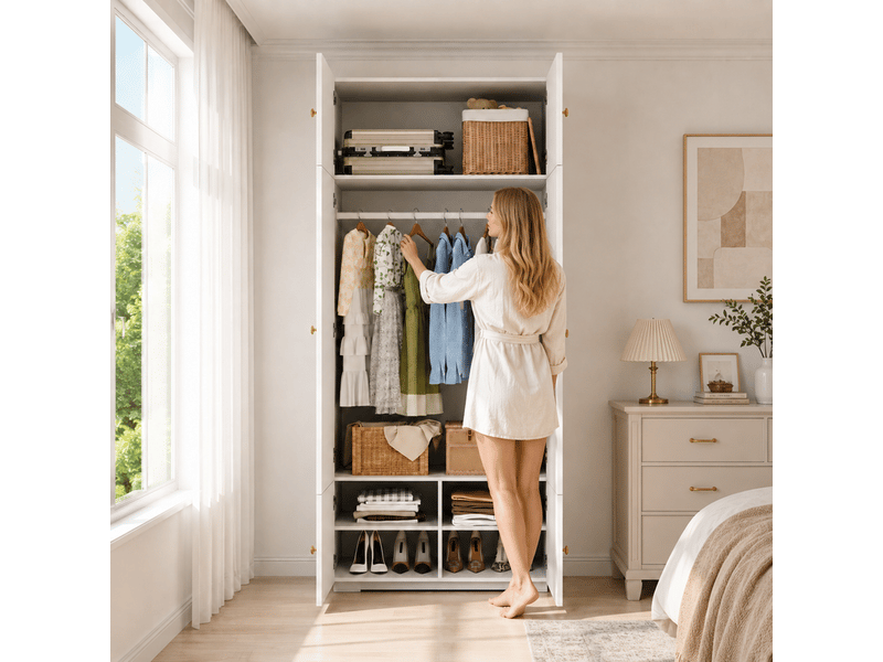  Armoire haute à portes battantes, avec 1 tringle et 5 compartiments de rangement, 90 × 50 × 200 cm, blanc  - Conforama D