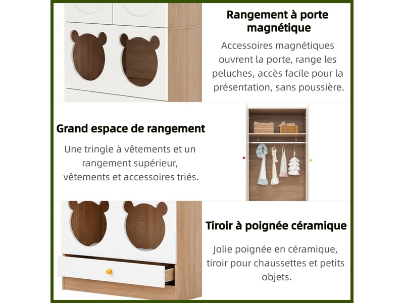 Lot de 2 armoires penderies 160x50x200cm, 4 portes motif ours à fermeture aimantée, 2 tringles et 2 tiroirs, blanc et naturel, modules indépendants - Conforama E