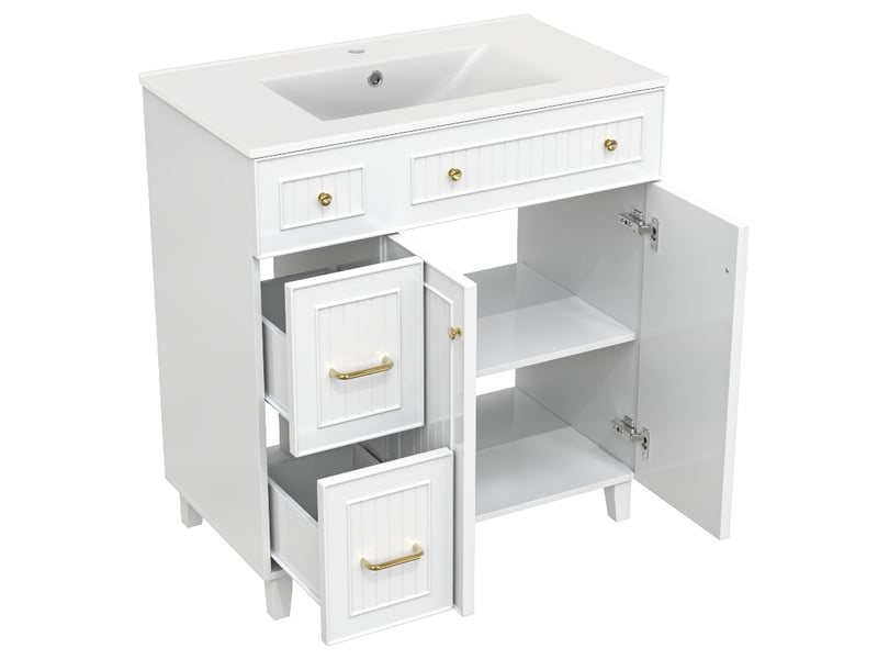  Meuble salle de bain avec lavabo 81.7 cm blanc - meuble sous vasque sur pied en mdf laqué et céramique  - Conforama A