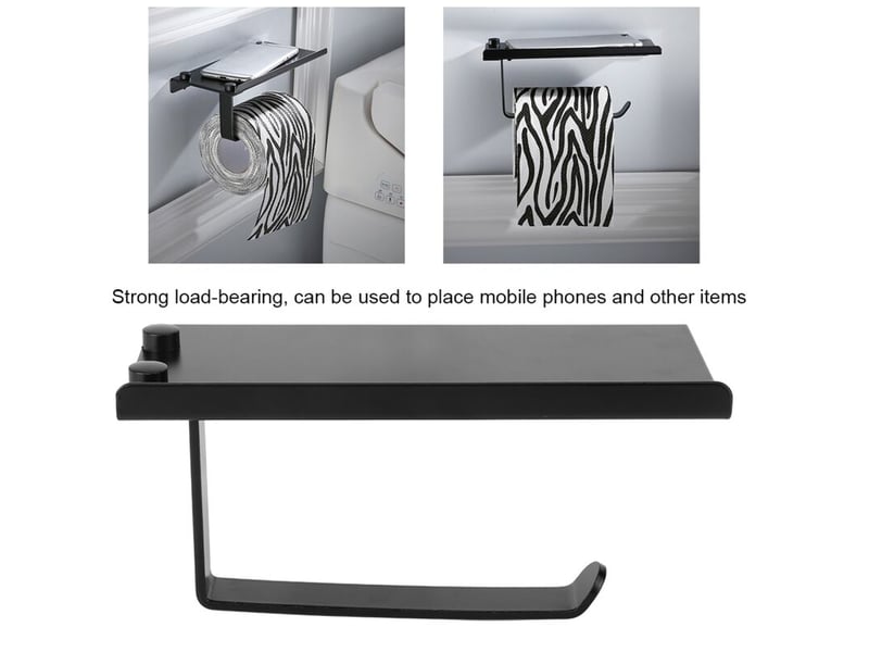  Porte-serviettes en papier noir pour salle de bains – support aluminium avec porte-téléphone intégré, fixation murale pour wc et toilettes  - Conforama D