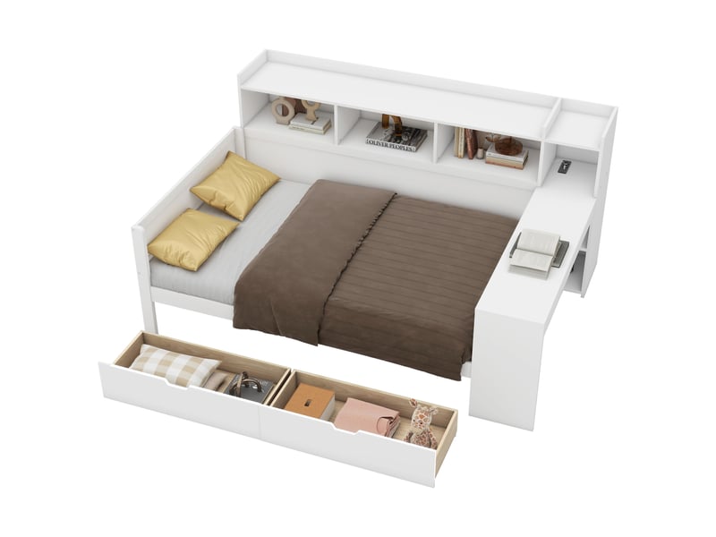  Lit banquette 90x200 cm avec bureau, rangements, 2 tiroirs, prise usb, blanc  - Conforama A