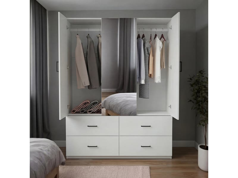  Armoire blanc,2 portes battantes ,1 miroir ,4 tiroirs ,2 penderies, l 130 x h 181.5 x p 51.8 cm,armoire de chambre  - Conforama E
