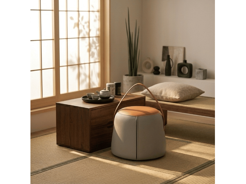 Repose-pied ottoman avec assise rembourrée, poignée de transport et format compact en pu gris et orange 34,5 × 34,5 × 29 cm - Conforama C