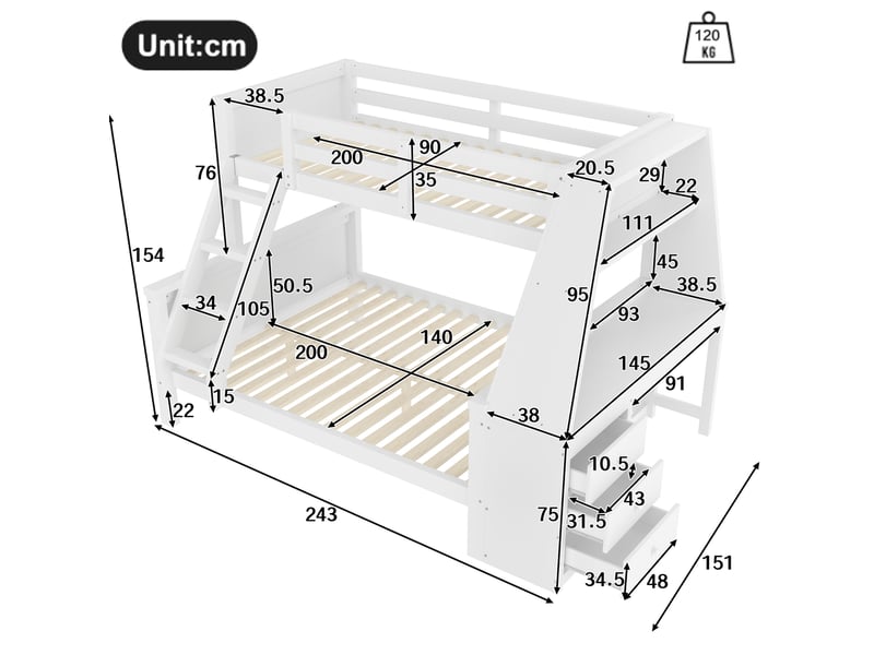  Lit superposé, 140x200 cm, couchage superposé, avec bureau, rangements, matelas non inclus, bois et mdf, coloris blanc  - Conforama C