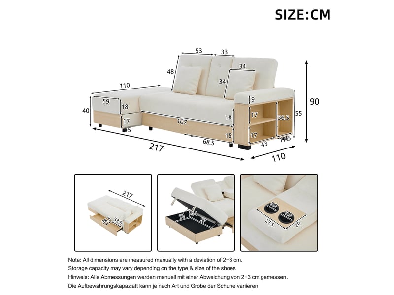  Canapé d'angle convertible 3 places avec dossier réglable, rangement, tiroirs et porte-gobelets en tissu chenille beige  - Conforama C