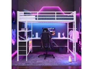 Lit mezzanine ulevr 140 x 200 cm avec led, bureau, prise usb, 3 tiroirs, étagères, échelle, garde-corps, métal et mdf, blanc