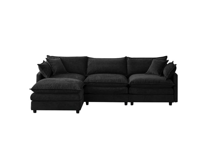  Canapé d'angle fixe 3 places en tissu noir avec chaise longue et pouf modulable, idéal pour le salon familial  - Conforama A