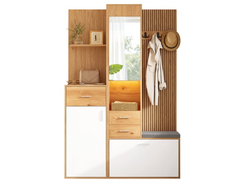 Meuble multifonction 120x32x178 cm - rangement chaussures - banquette - miroir - led - 1 porte - 3 tiroirs - étagères ouvertes - mdf - naturel et blanc ABC - Conforama A