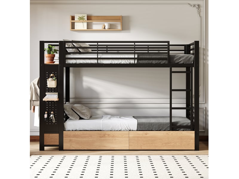 Lit superposé 90 x 200 cm avec led, 4 tiroirs, penderie, métal et mdf noir - Conforama E