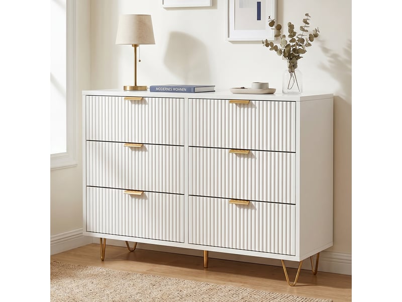Commode à 6 tiroirs, 100x34x73cm, avec dispositif anti-basculement, en bois et métal, style moderne, blanc et or - Conforama B