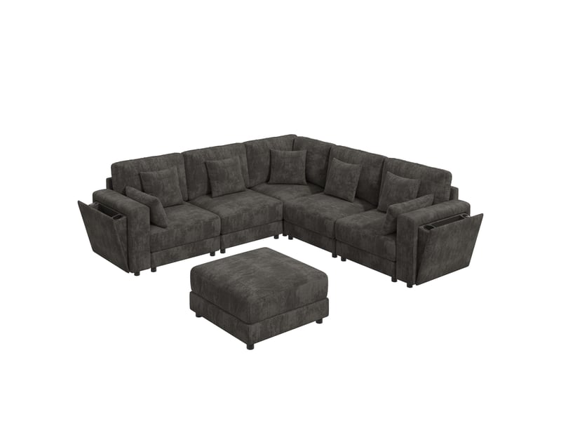 Canapé modulable 6 places en tissu chenille gris, configurable en l ou en u, usbtype-c, 7 coussins - Conforama A