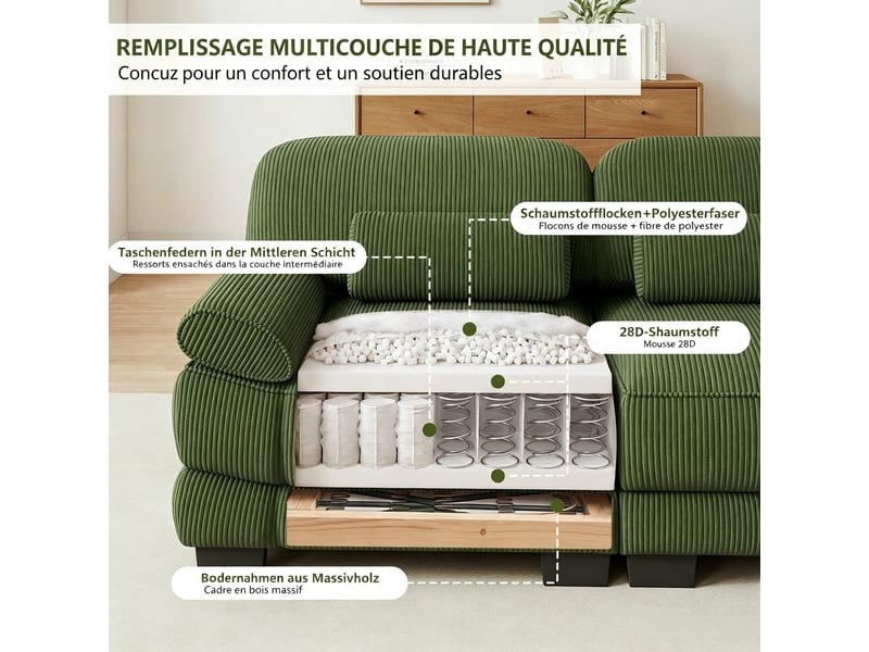  Canapé d’angle 4 places en l, structure renforcée, avec 1 pouf, assise confortable et profonde, combinaison modulaire libre, 336 × 161 × 94 cm, vert  - Conforama E