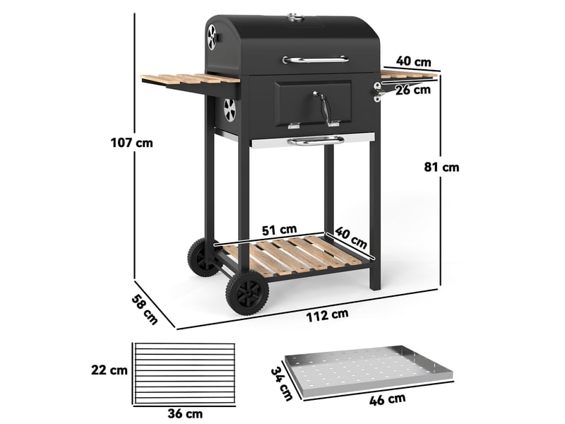  Barbecue au charbon de bois, bac à charbon réglable en hauteur, chariot de barbecue, étagères, thermomètre, ouvre-bouteille, acier, bois, noir  - Conforama E
