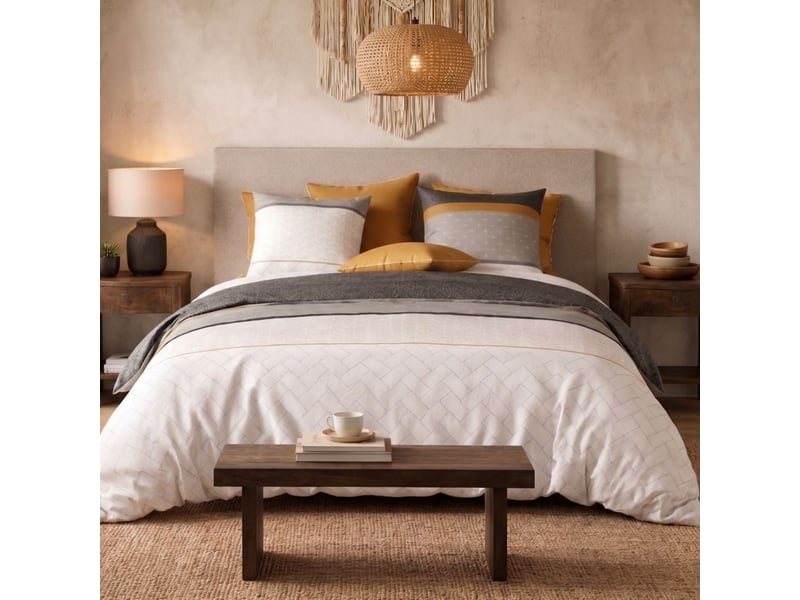  Parure housse de couette 240x220cm + 2 taies motif graphique blanc et gris 100% coton - lunelle LUNELLE - Conforama A