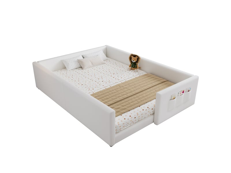 Elvmi lit pour enfant rembourré blanc 140x200 cm en pu avec 3 poches de rangement, design enveloppant, montage en kit - Conforama D