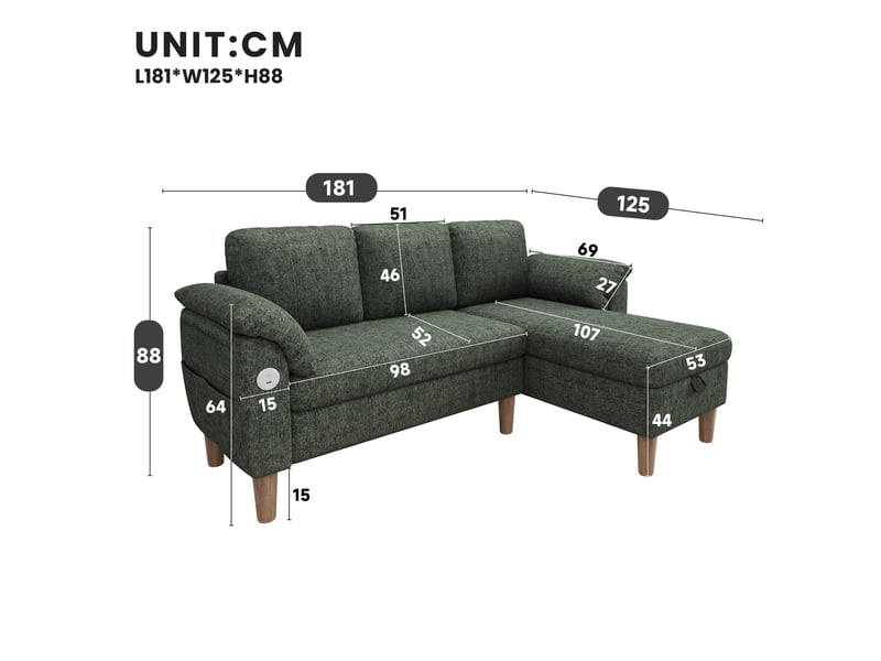 Canapé 3 places - 181x125x88cm - canapé d'angle réversible en chenille avec coffre, prises usbtype-c & poches - vert - Conforama E