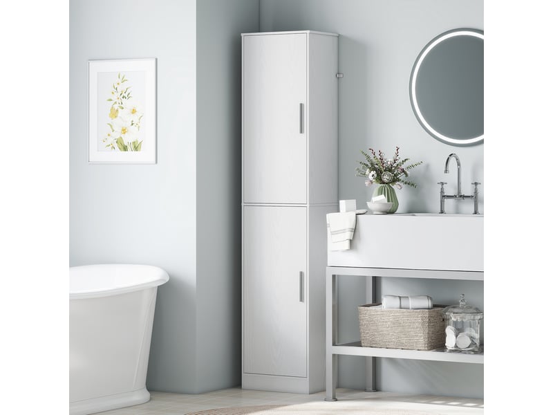  Meuble de salle de bain à 2 portes et 4 étagères réglables, 40 x 35 x 180 cm, blanc  - Conforama D
