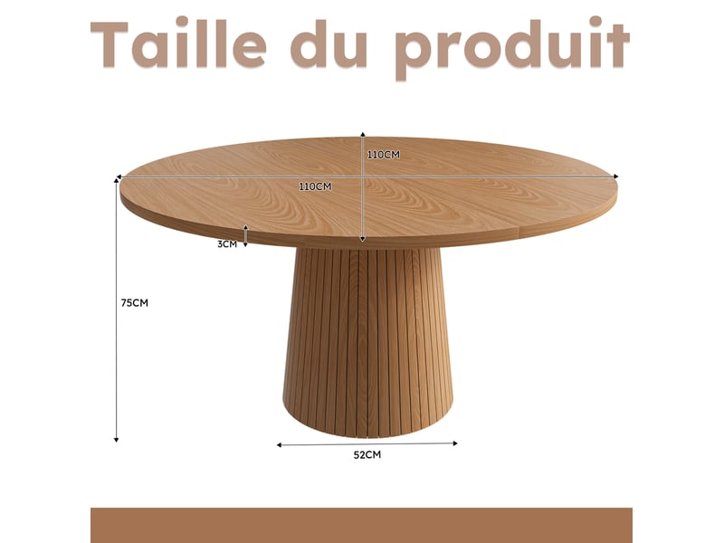 Table à manger ronde 110x110x75 cm en mdf plaqué chêne, style moderne - Conforama C