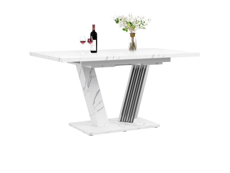  Table à manger extensible 120–160 x 80 x 76 cm, plateau rectangulaire, pieds réglables, mdf et métal, effet marbre blanc  - Conforama A