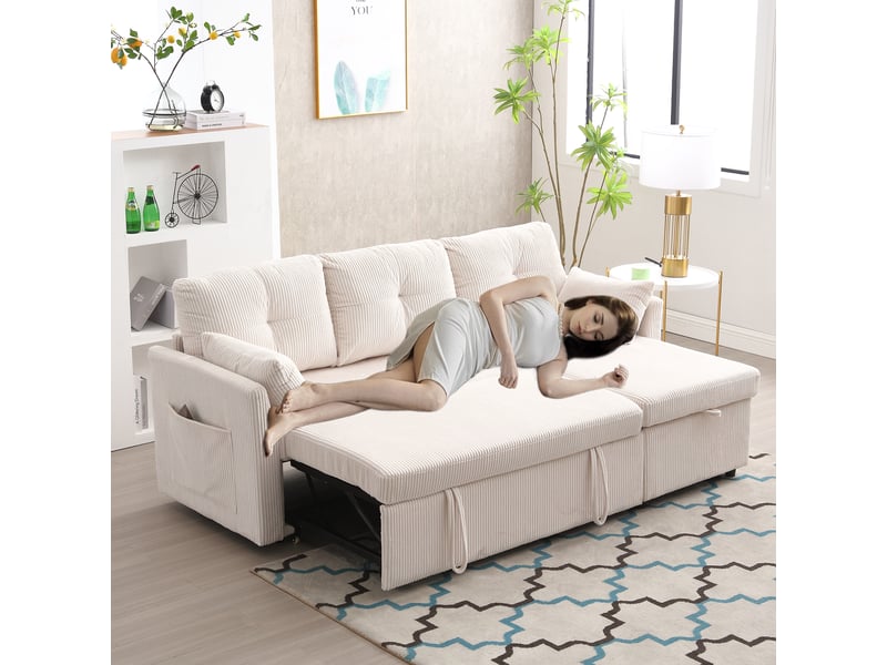  Canapé d'angle modulable rayofi en velours côtelé, convertible avec lit gigogne et coffre de rangement, méridienne, profondeur 108 cm.  - Conforama B
