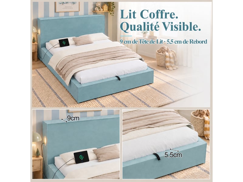 Lit coffre 140 x 200 cm en velours bleu avec rangement hydraulique extra-large, sans matelas  - Conforama D