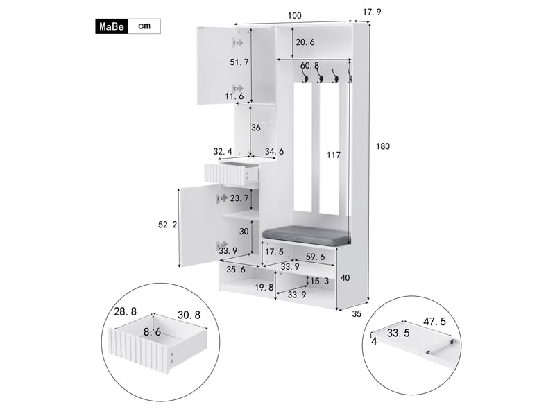Vestiaire d’entrée blanc 100×180×35 cm en mdf, banc de rangement, banc à chaussures, 1 tiroir, niches ouvertes - Conforama B