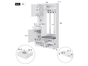 Vestiaire d’entrée blanc 100×180×35 cm en mdf, banc de rangement, banc à chaussures, 1 tiroir, niches ouvertes