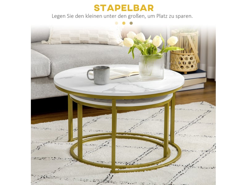  Lot de 2 tables basses rondes blanches effet marbre, structure en acier doré, gigognes pour le salon  - Conforama E