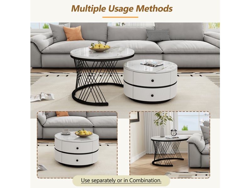  Lot de 2 tables basses rondes 60x60x46+50x50x31 cm, tables de salon, motif marbre, avec 2 tiroirs, mdf, blanc et noir  - Conforama E