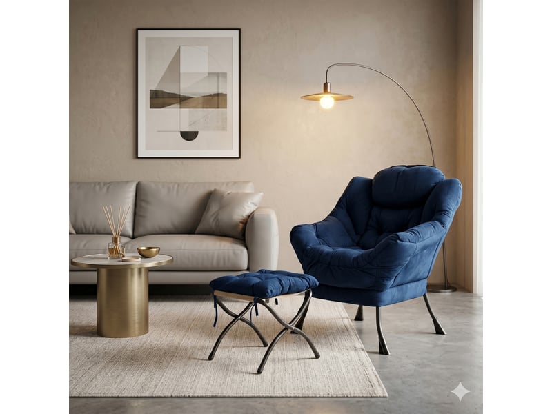  Fauteuil relax avec repose-pieds de342049 bleu foncé, accoudoirs, poche latérale, salon  - Conforama D