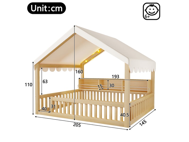  Lit cabane jeune 140x200 cm avec led, bibliothèque et sécurité bois naturel  - Conforama C